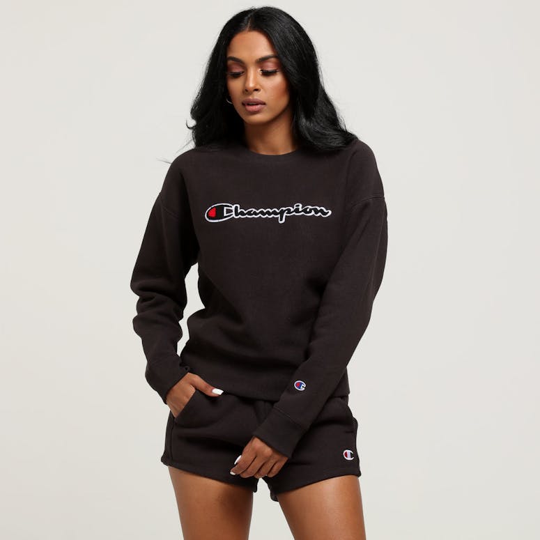 Champion Women's Reverse Weave Chenille Script Crew Black