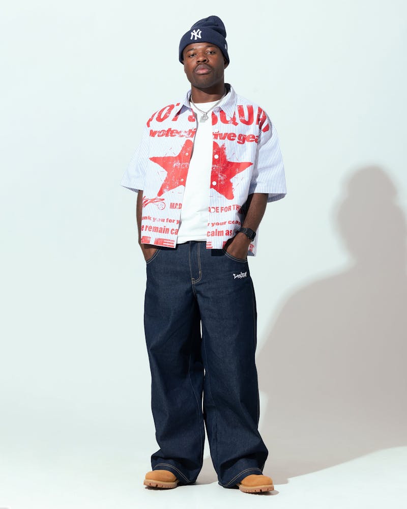 Loiter Riot Squad Button Up T-Shirt Blue Pin Stripe