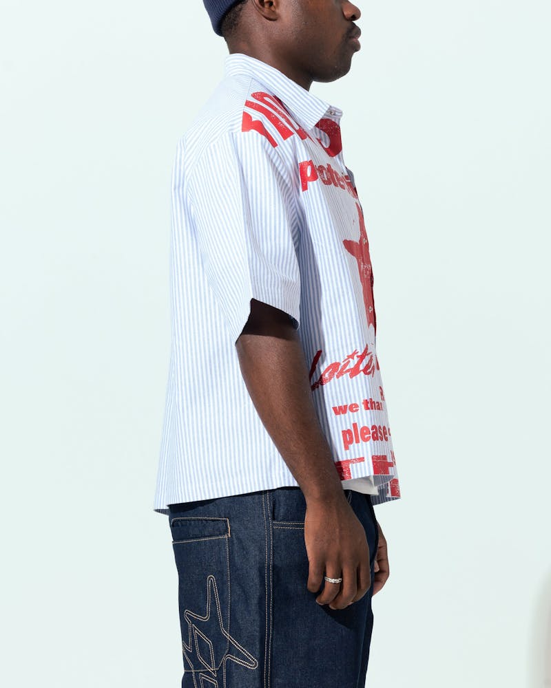 Loiter Riot Squad Button Up T-Shirt Blue Pin Stripe