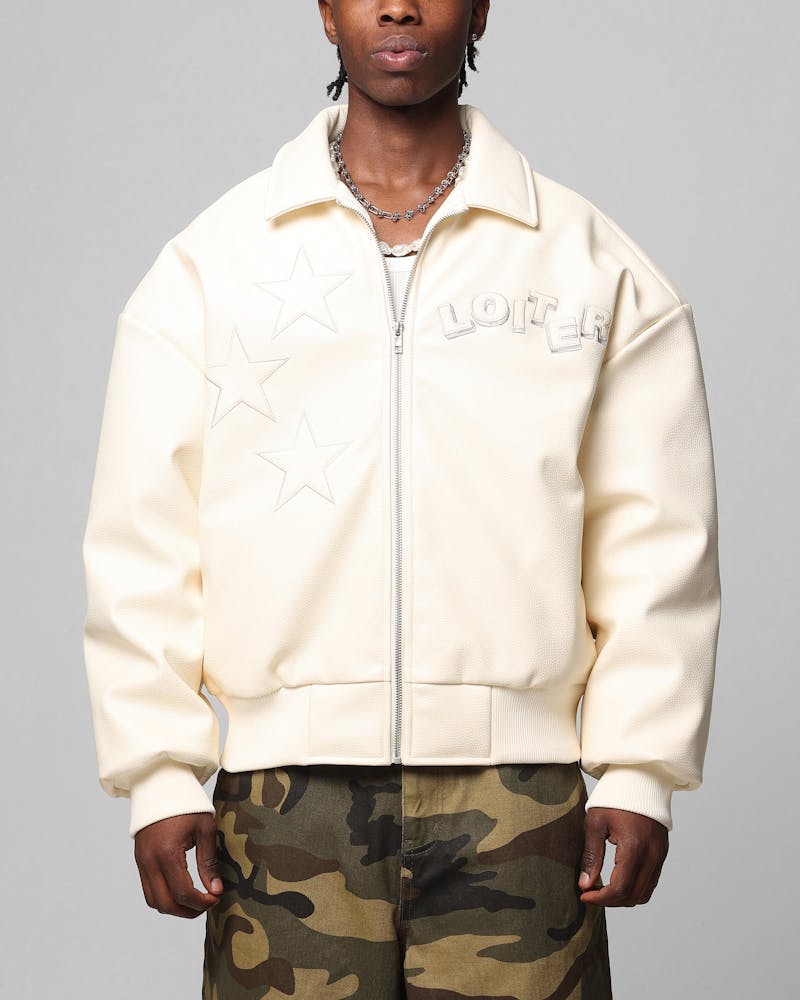 Loiter Solar PU Leather Varsity Jacket Beige