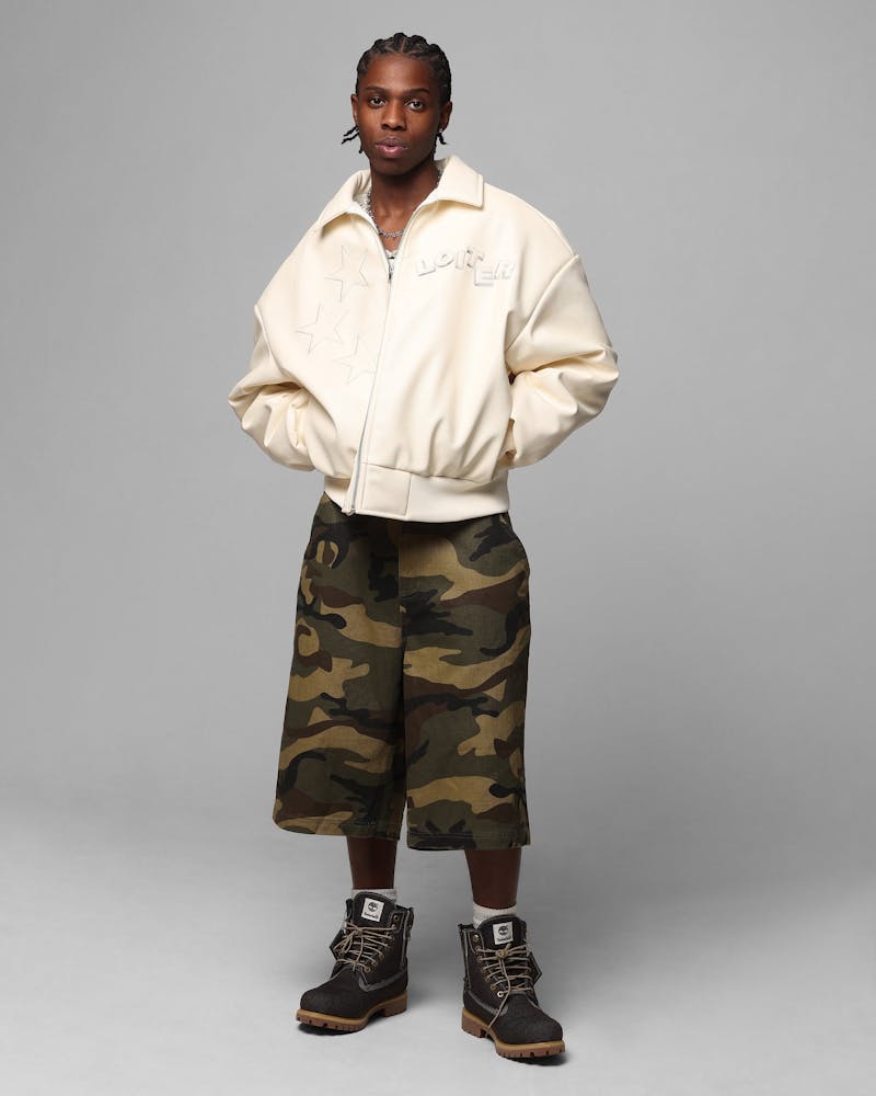 Loiter Solar PU Leather Varsity Jacket Beige