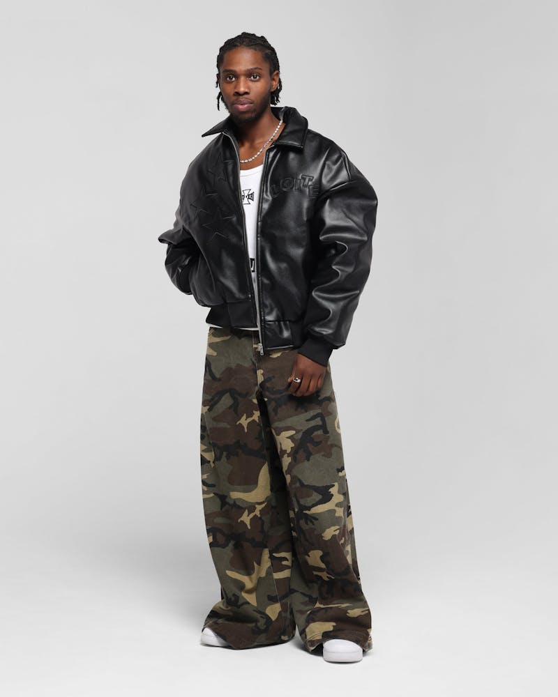 Loiter Solar PU Leather Varsity Jacket Black