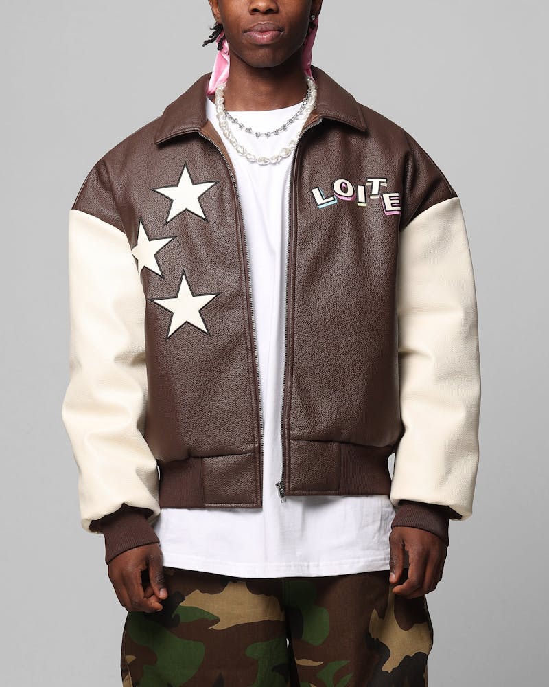 Loiter Solar PU Leather Varsity Jacket Brown/Beige
