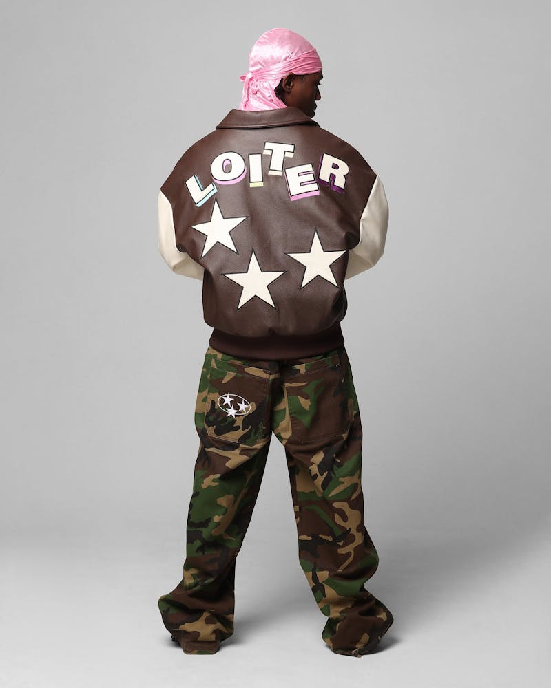 Loiter Solar PU Leather Varsity Jacket Brown/Beige