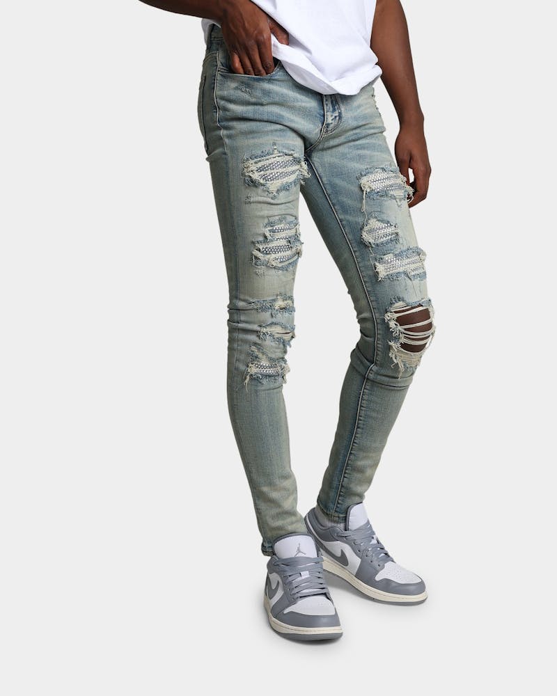 MNML X201 Rhinestone Skinny Denim Pants Blue