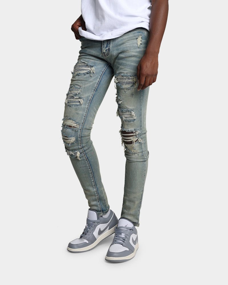 MNML X201 Rhinestone Skinny Denim Pants Blue