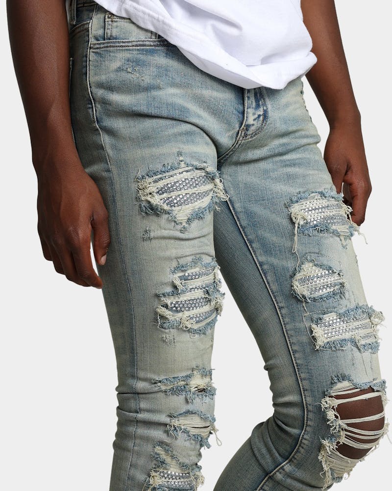 MNML X201 Rhinestone Skinny Denim Pants Blue