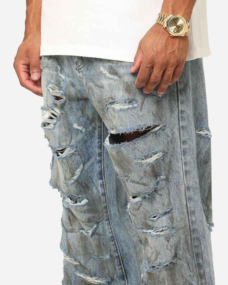 MNML Ultra Baggy Thrashed Denim Jeans Blue