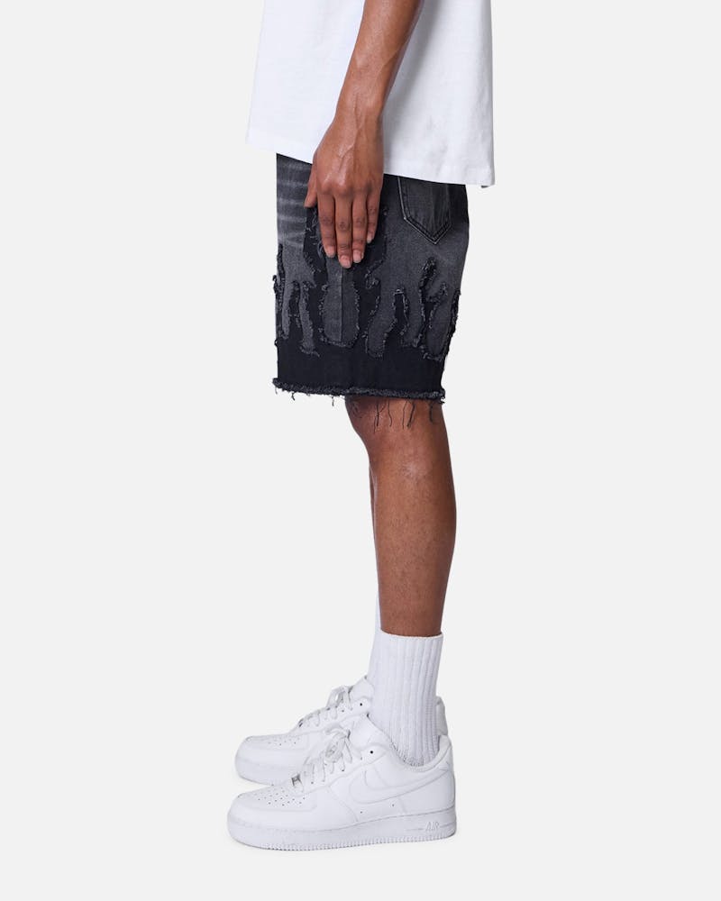 MNML Flame Denim Shorts Washed Black