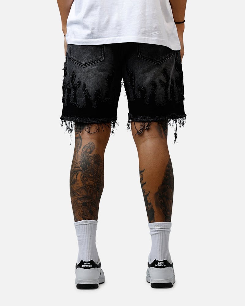 MNML Flame Denim Shorts Washed Black