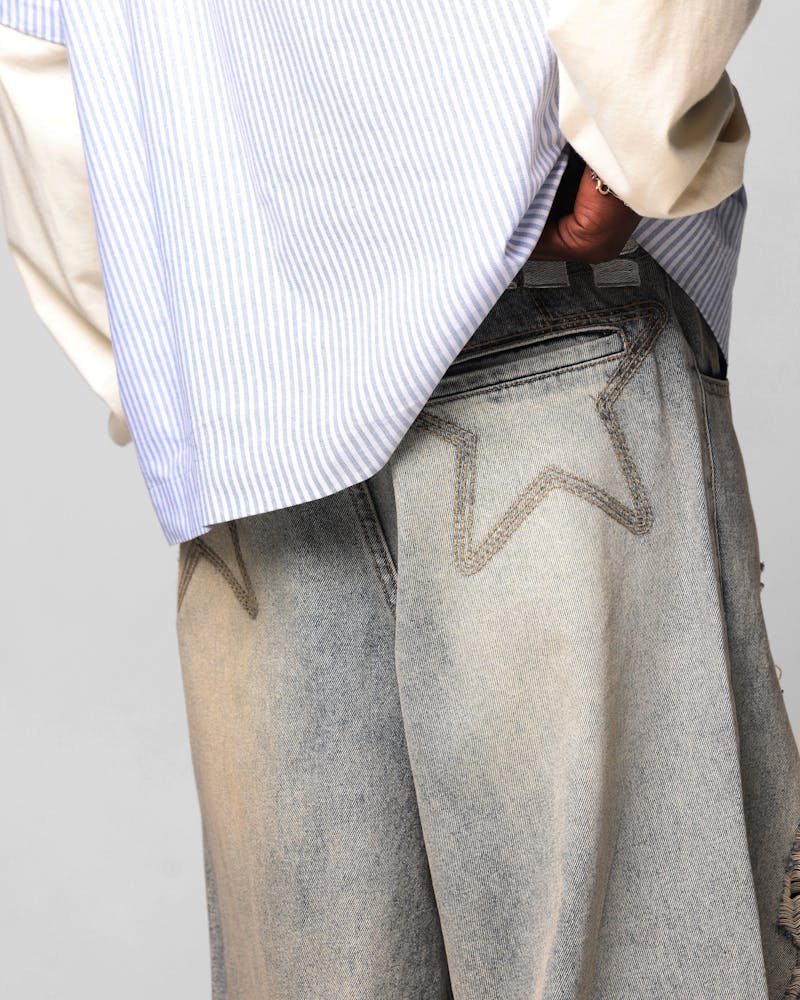 Loiter Star Layered Distressed Jeans Washed Blue