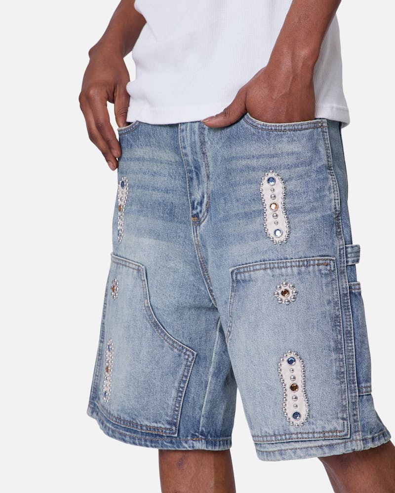 MNML Double Western Jewel Denim Shorts Blue