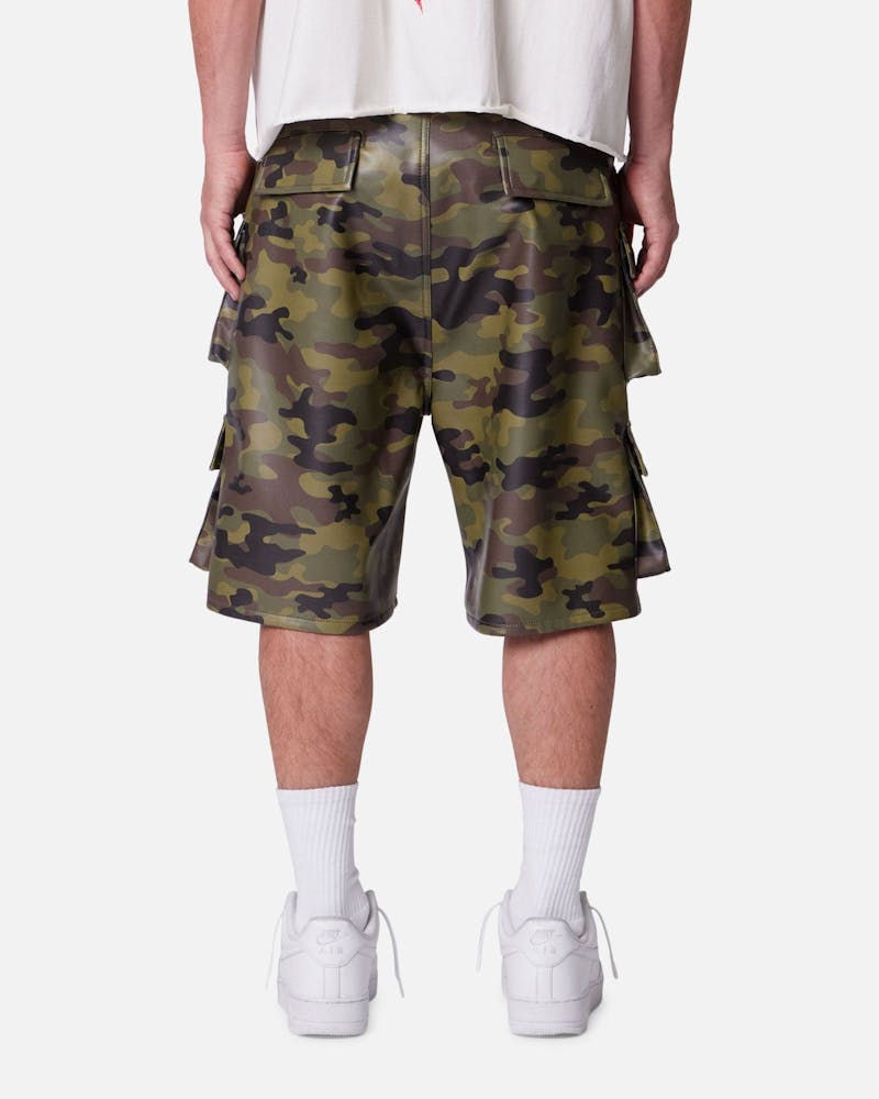 MNML Baggy Vegan Leather Cargo Shorts Camo
