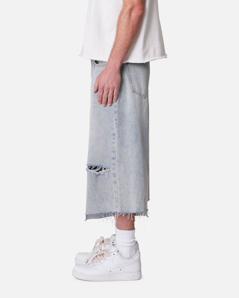 MNML Panelled Denim Shorts Light Blue Wash