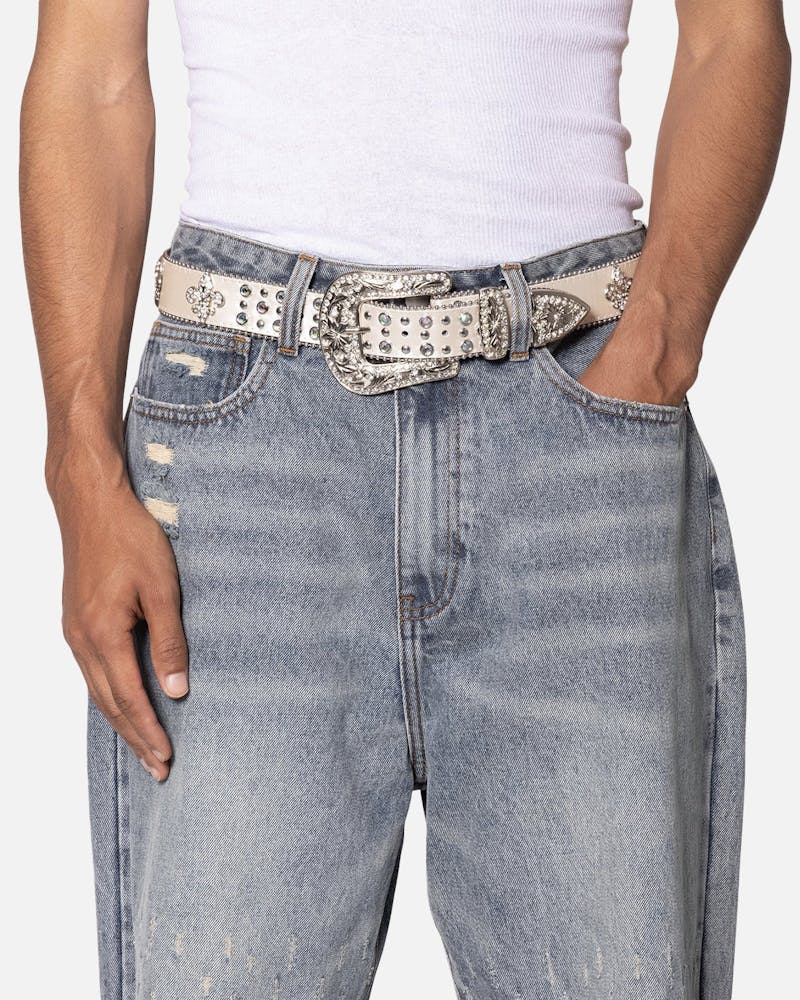 MNML Fleur Studded Rhinestone Belt Off White