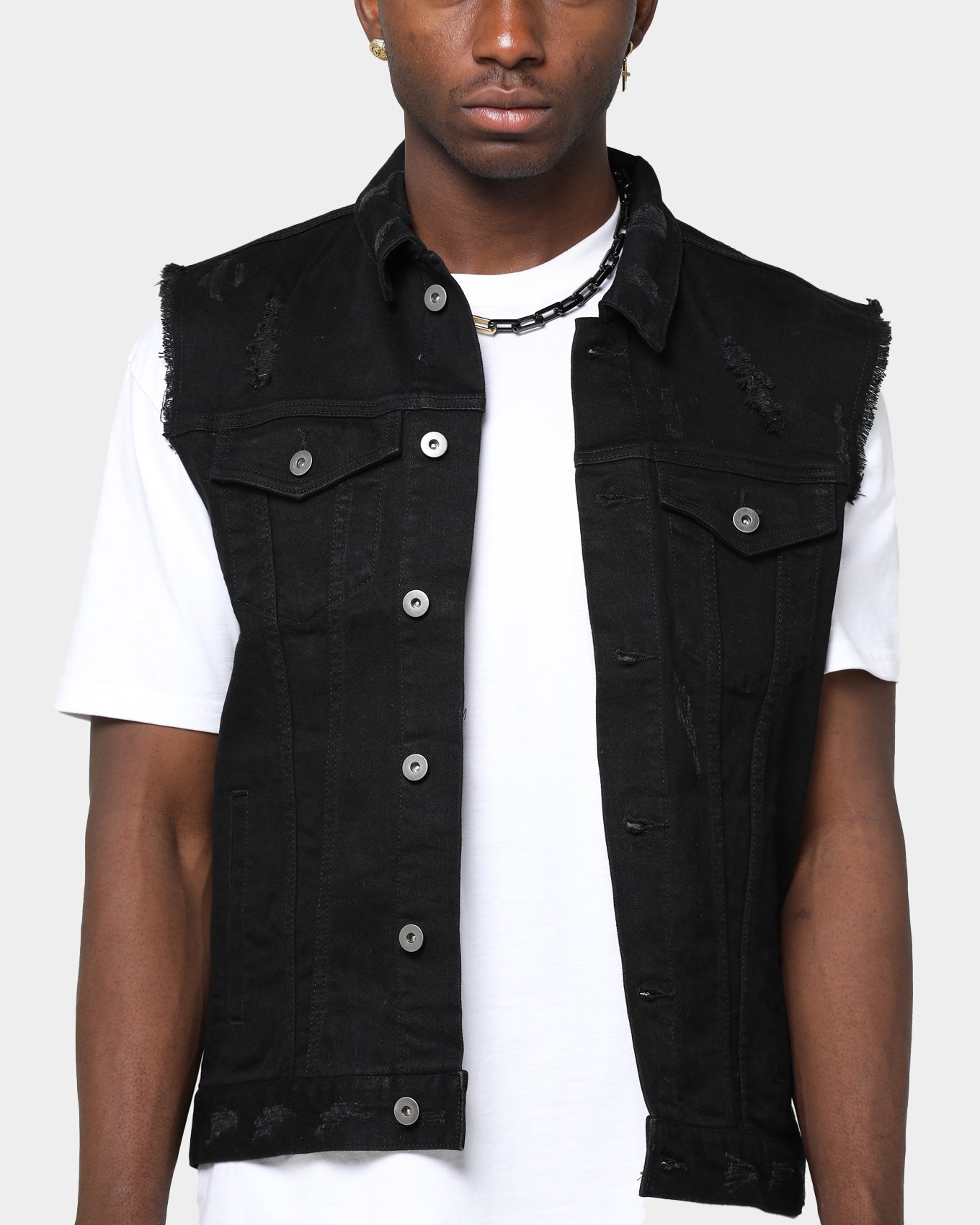 distressed black denim vest