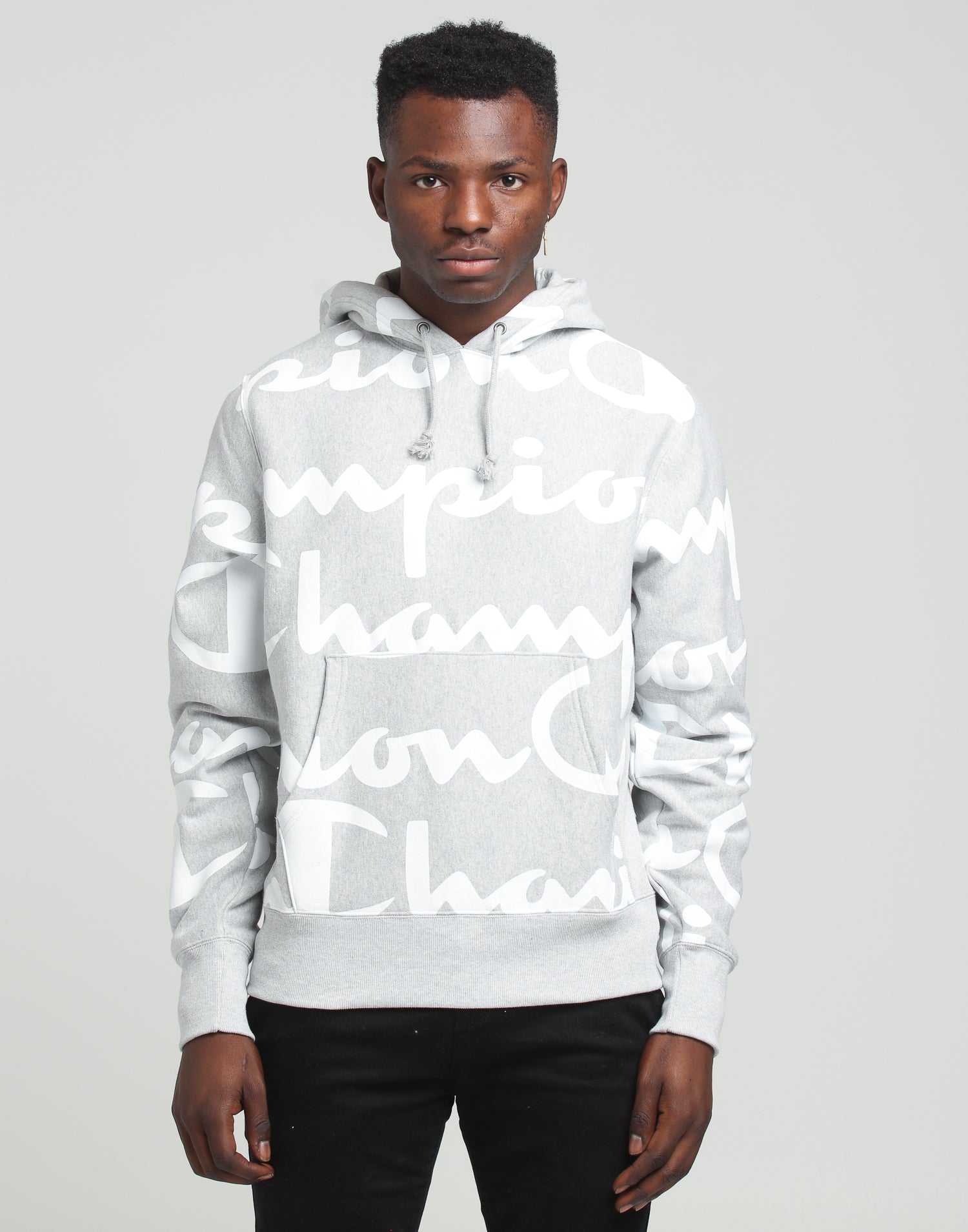 champion reverse weave allover script grey hoodie