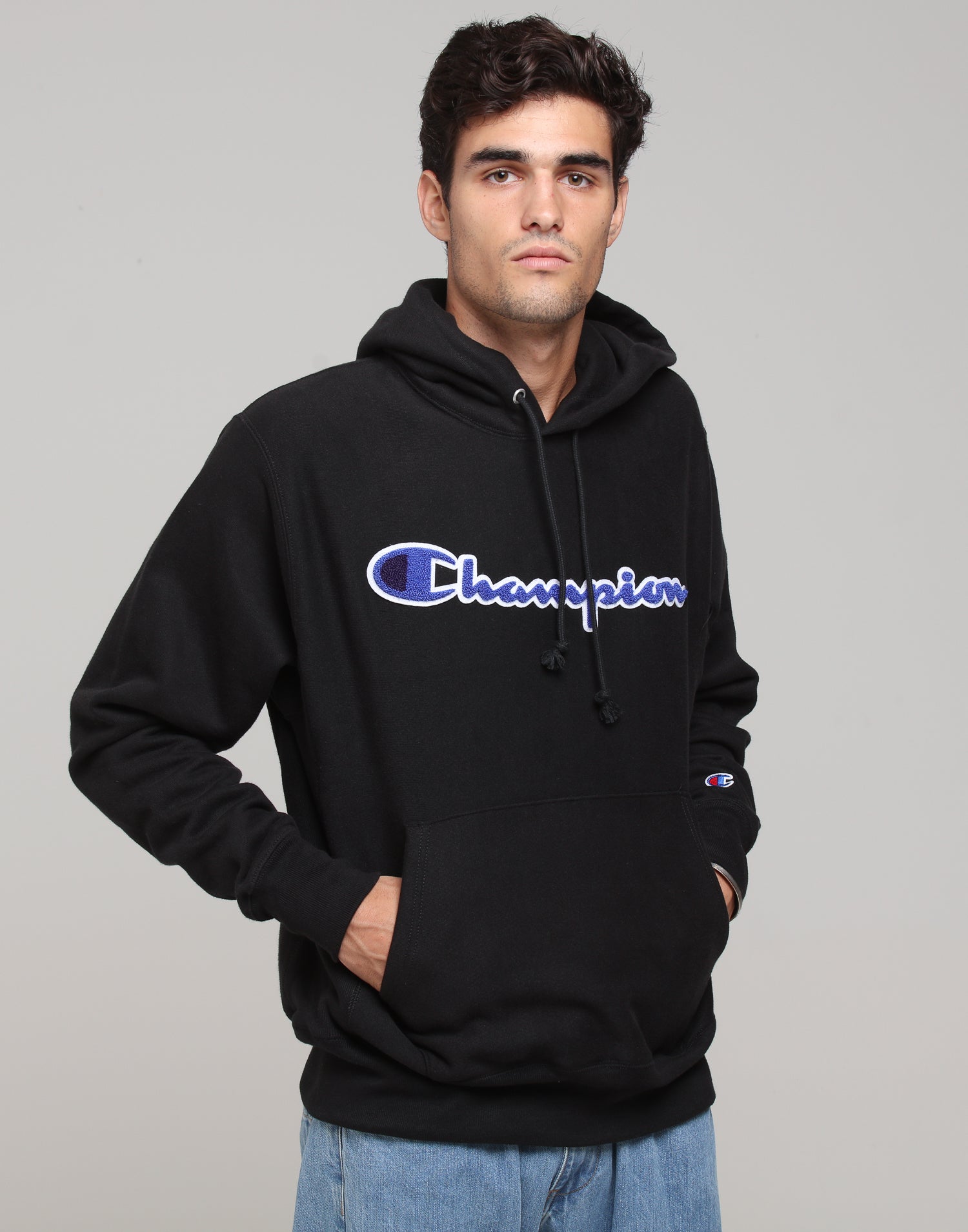 champion hoodie black and blue