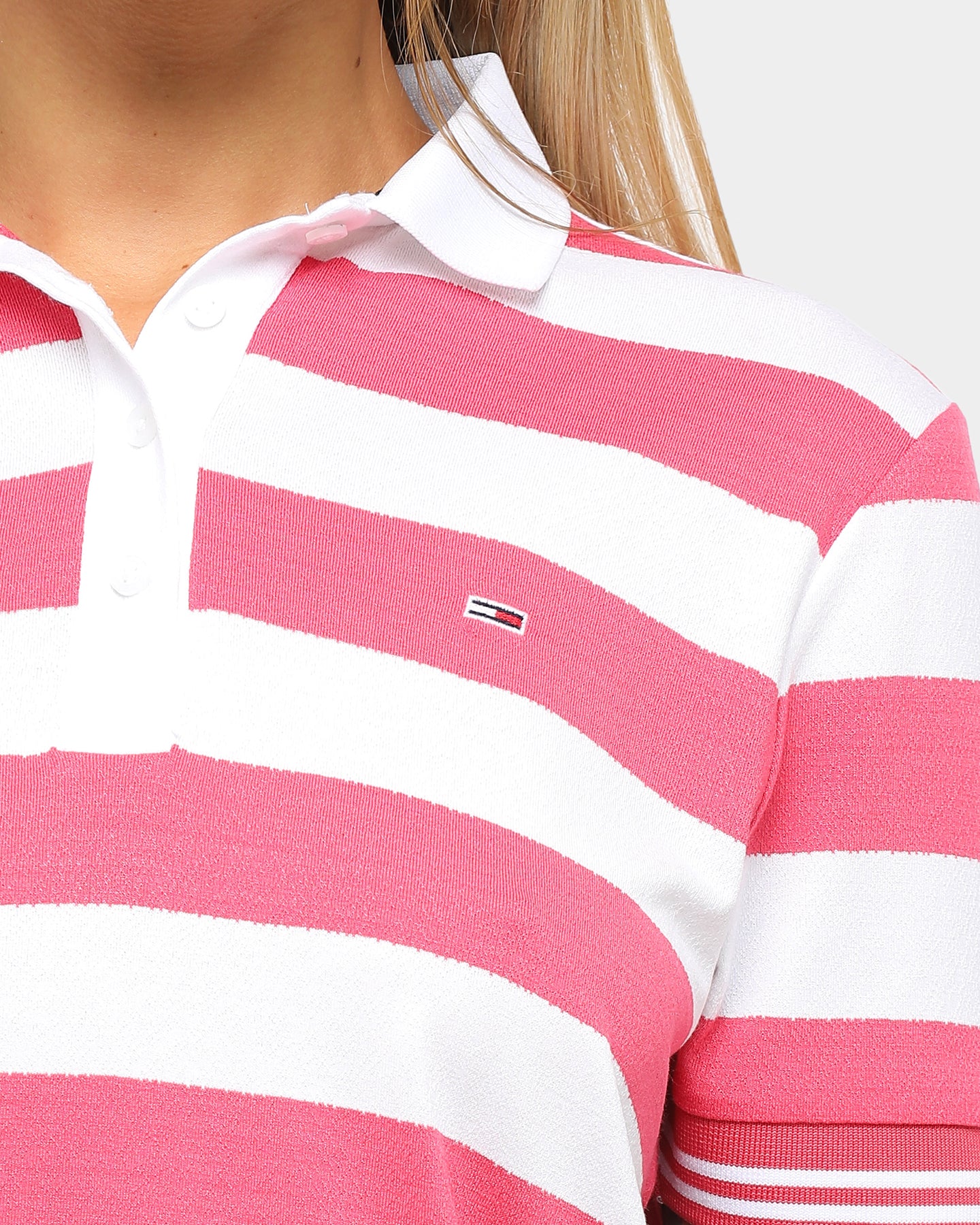 pink and white striped polo shirt womens