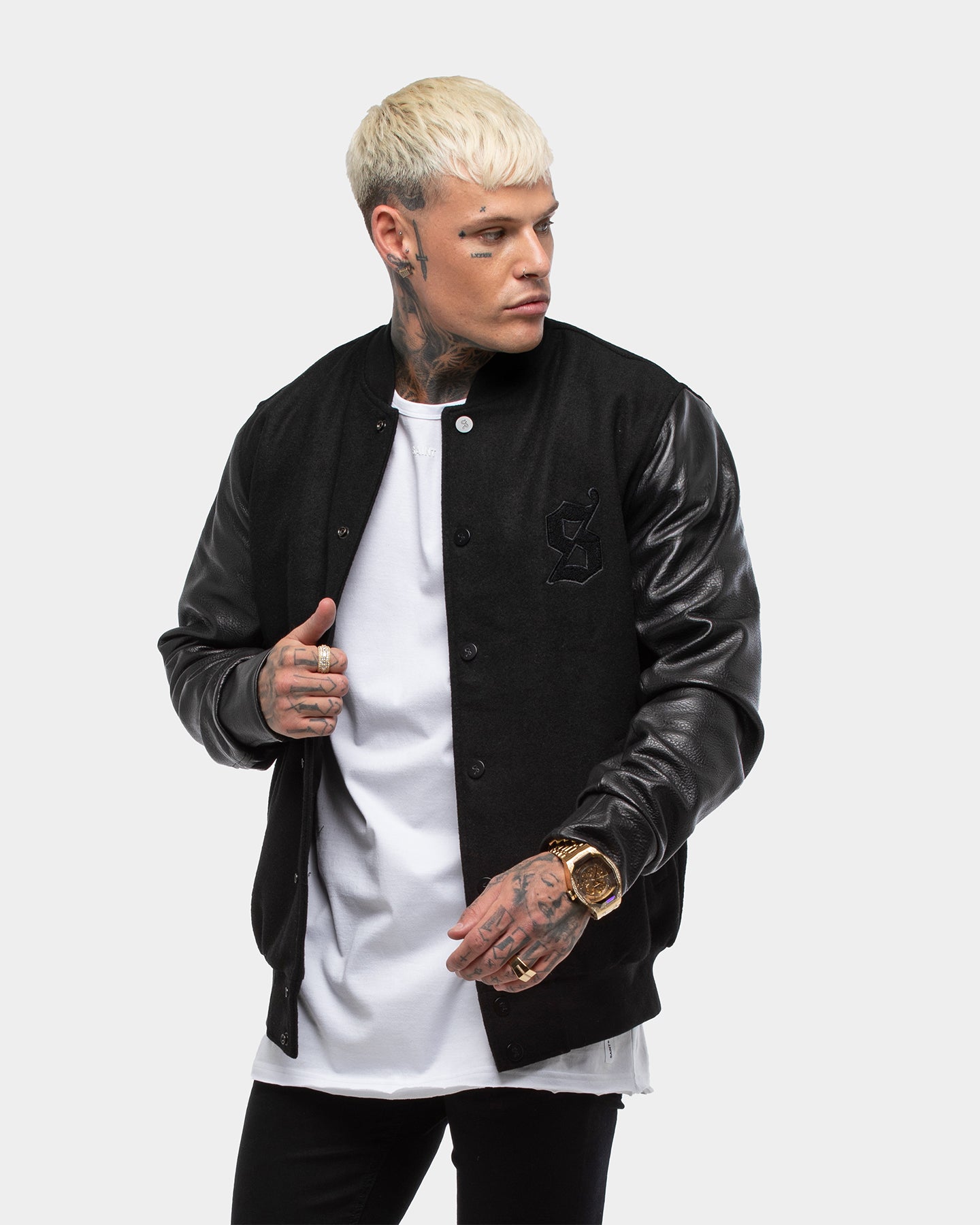 men's all black varsity jacket