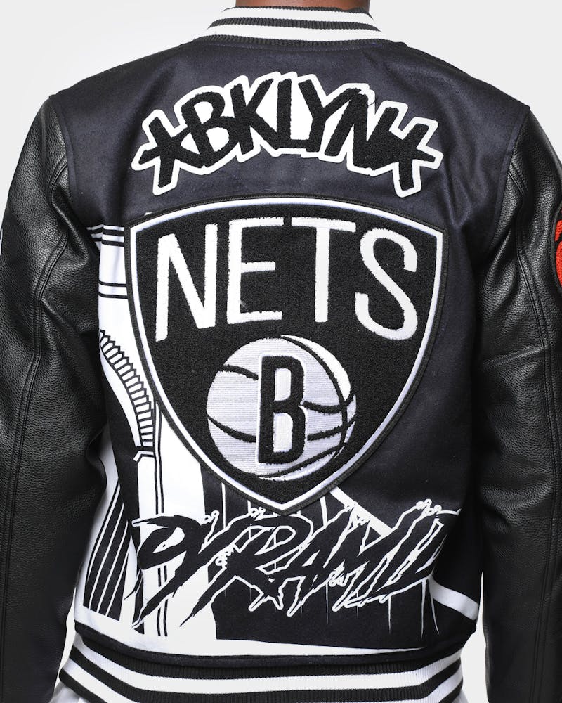 Men S Black Pyramid Brooklyn Nets Logo Varsity Jacket Black Culture Kings Us