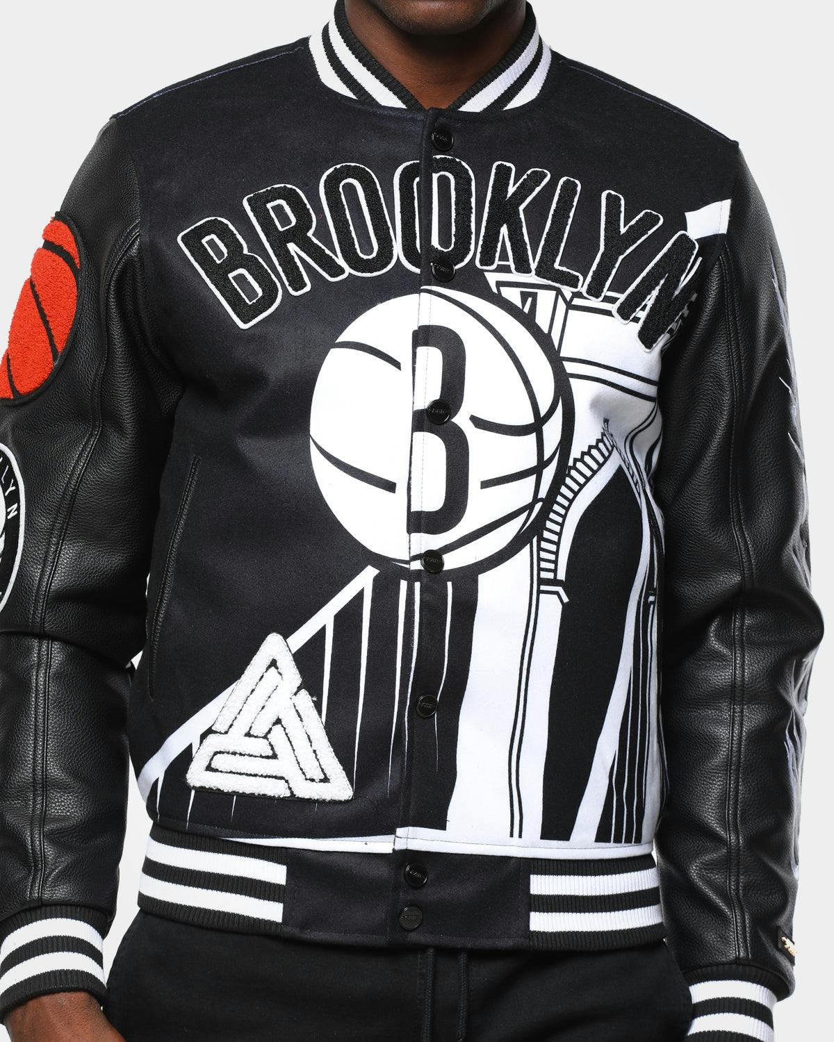 Men S Black Pyramid Brooklyn Nets Logo Varsity Jacket Black Culture Kings Us