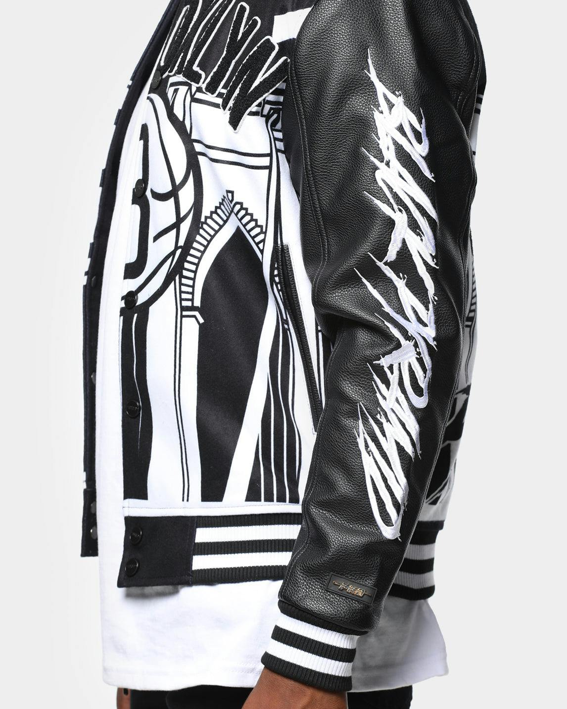 Men S Black Pyramid Brooklyn Nets Logo Varsity Jacket Black Culture Kings Us