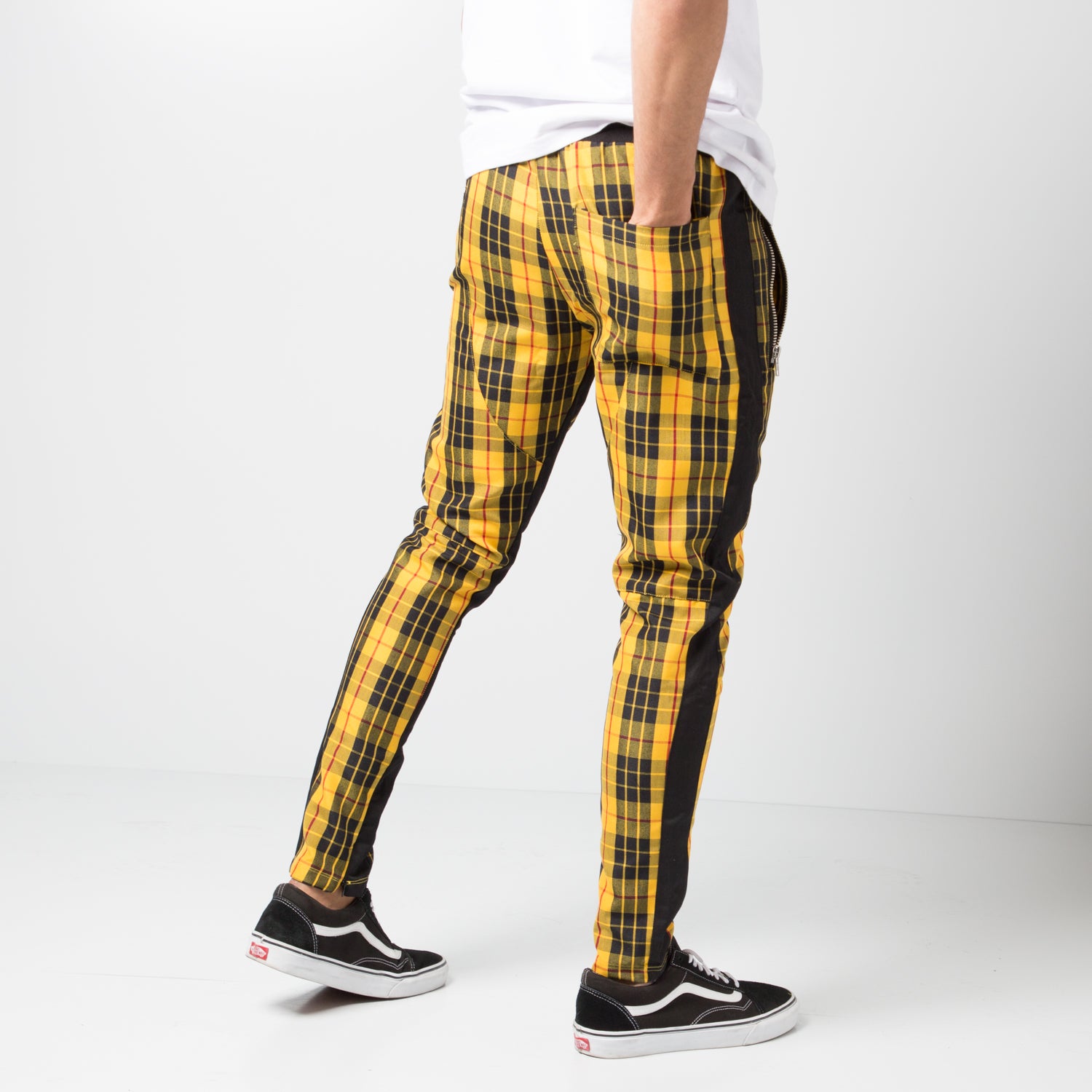 black and yellow tartan trousers
