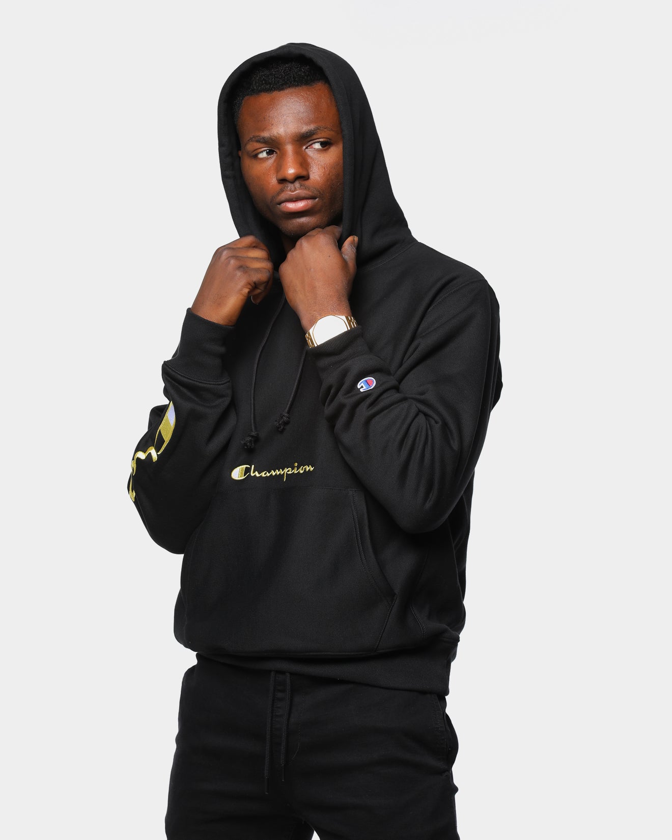 reverse weave black champion hoodie